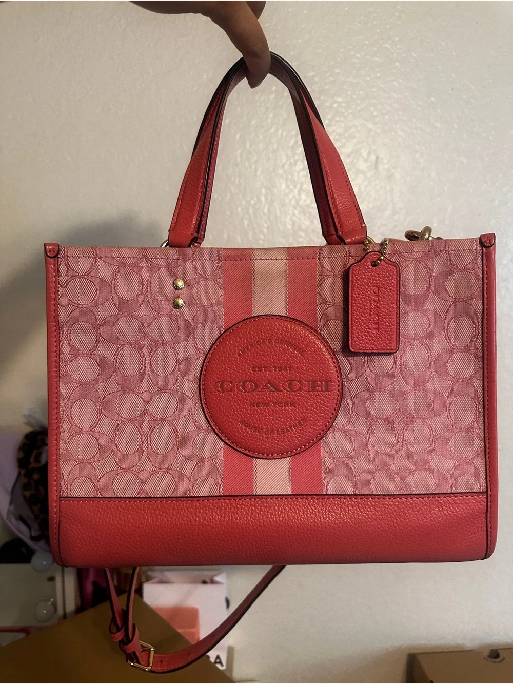Coach Pink Signature Stripe Tote with Leather Trim